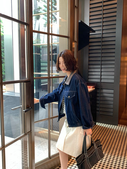 // 中古風拼領拉鍊牛仔外套