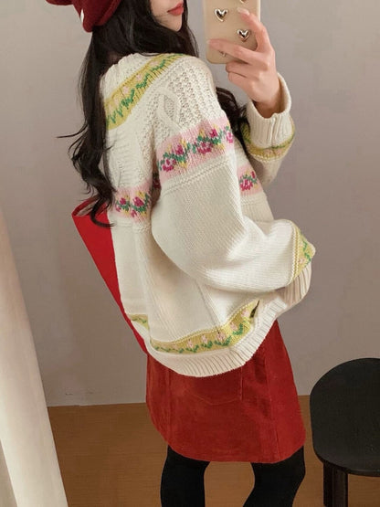 // 30%綿羊毛超美撞色花紋毛衣