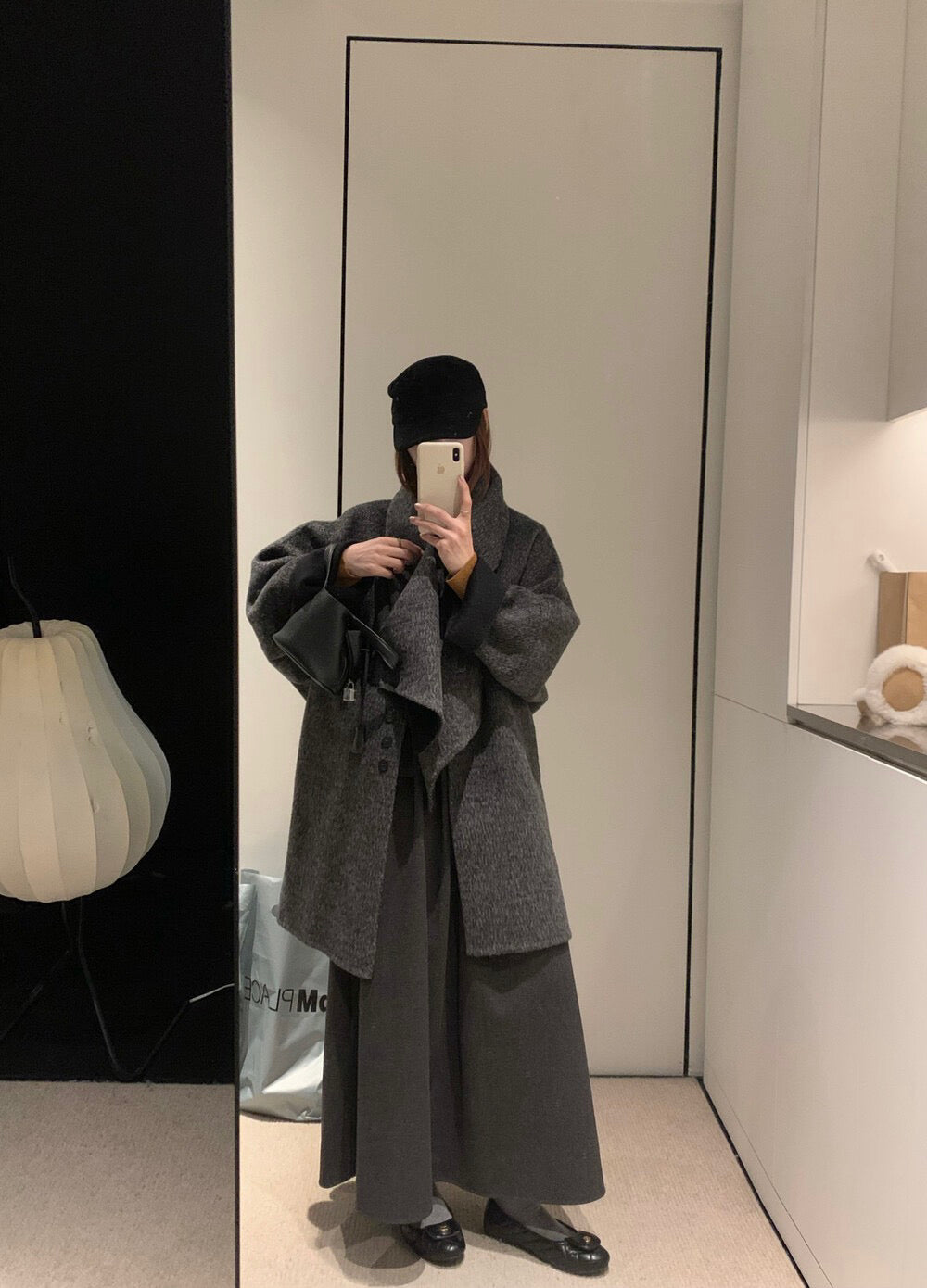 // 連腰包高品質毛呢壓褶中裙