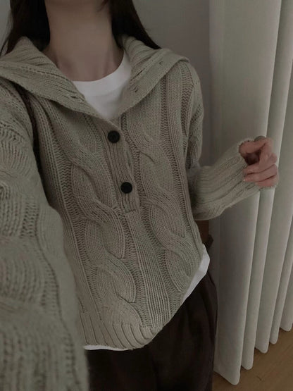 // 30%羊毛可立領鈕扣麻花毛衣