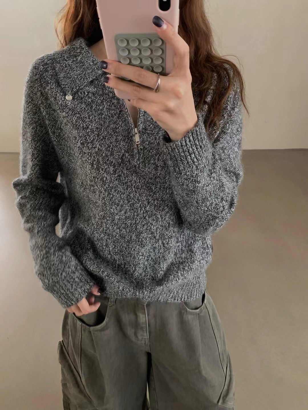 // raccoon+wool半拉鍊翻領高級感毛衣