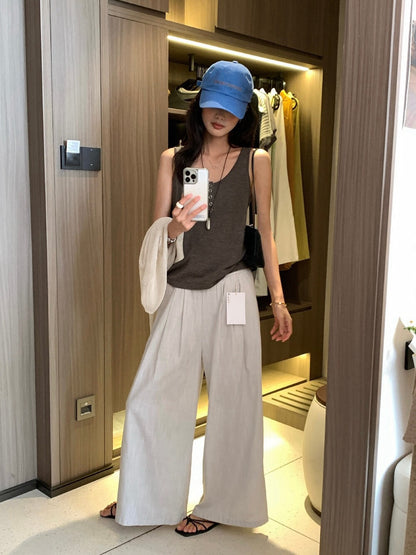 // 麻質混竹節棉顯瘦壓褶闊褲