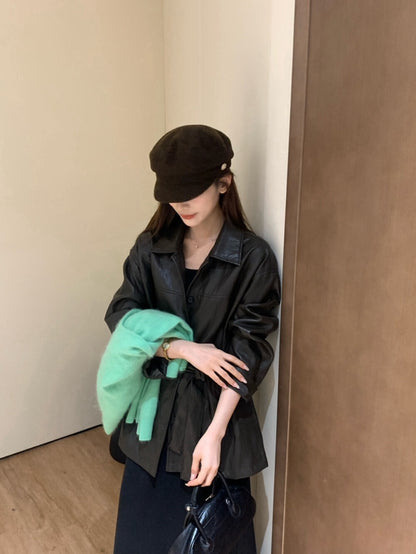 // 超軟復古翻領中長腰帶皮外套