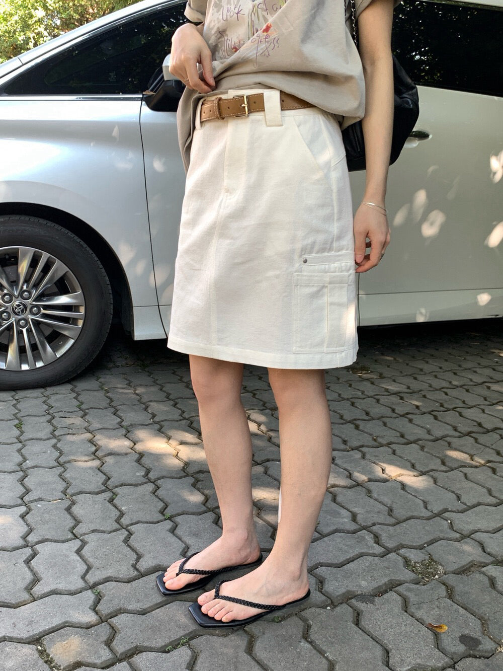 📻 肌理棉口袋工裝短裙(連腰帶)