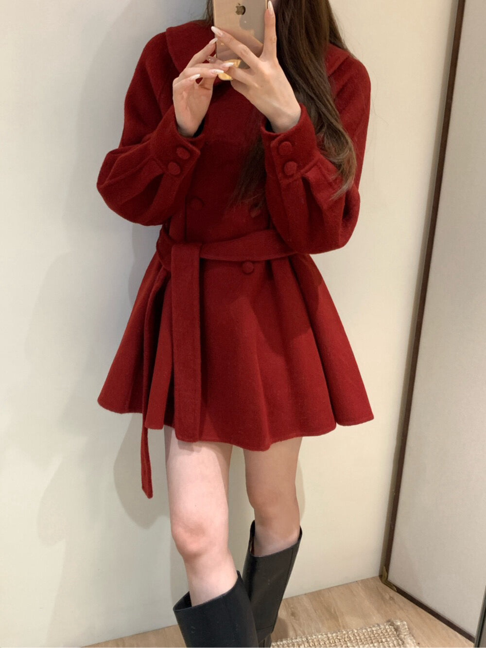 // 超柔軟100%羊毛娃娃領雙排扣手工外套