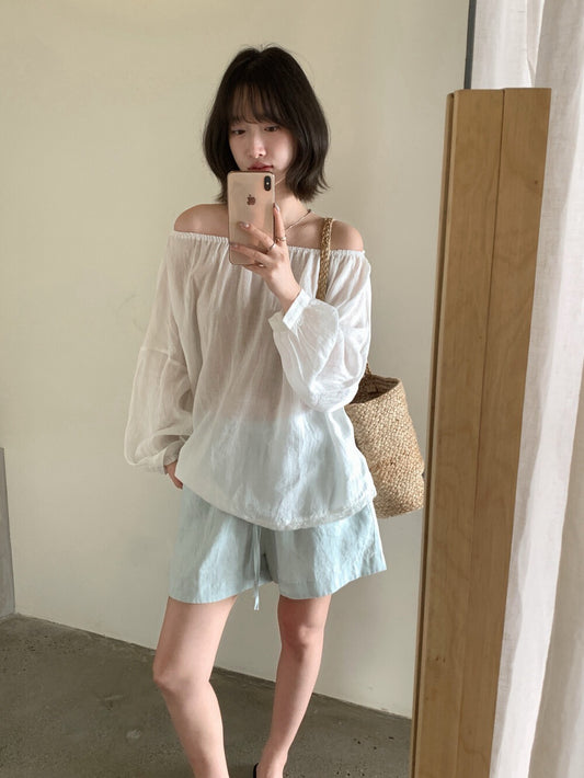 // lace腳後綁帶麻質一字領BL