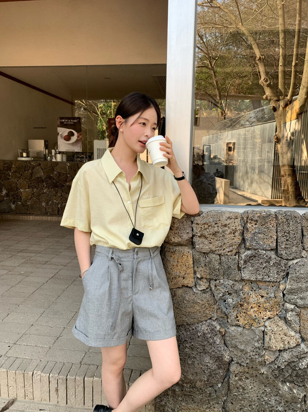 // 棉麻反褶腳連腰繩短裙