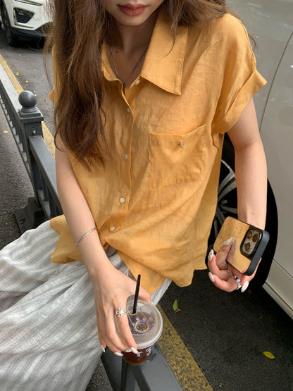 // 反褶袖棉麻透氣恤衫