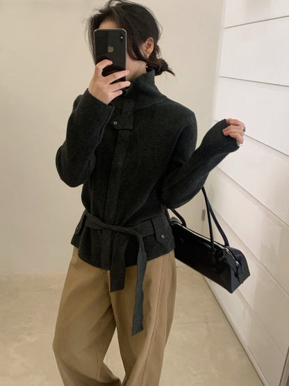 // 立領綁腰帶針織CD