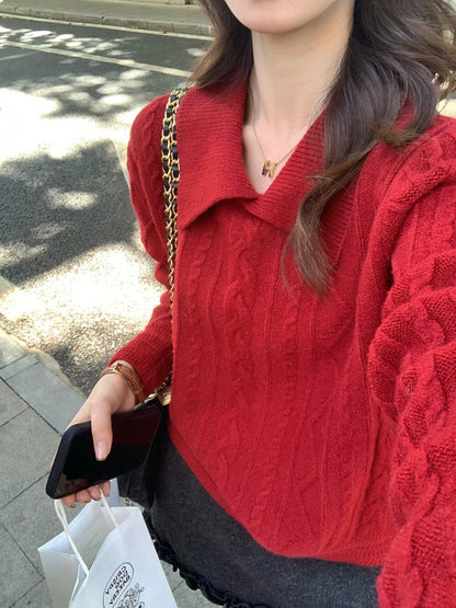 // 簡約麻花翻領毛衣
