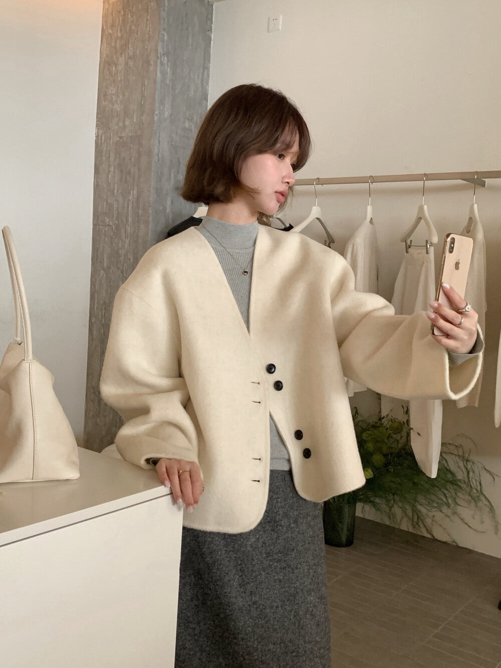 // 極美double鈕扣深V簡約100%雙面羊毛手工外套