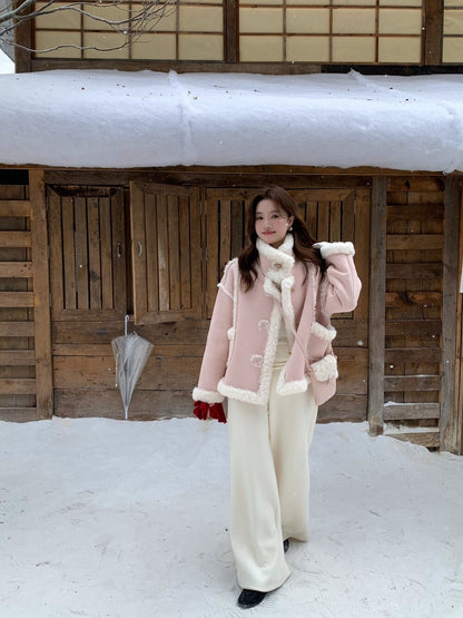 // 皮毛一體麂皮絨牛角鈕外套(連袋仔)