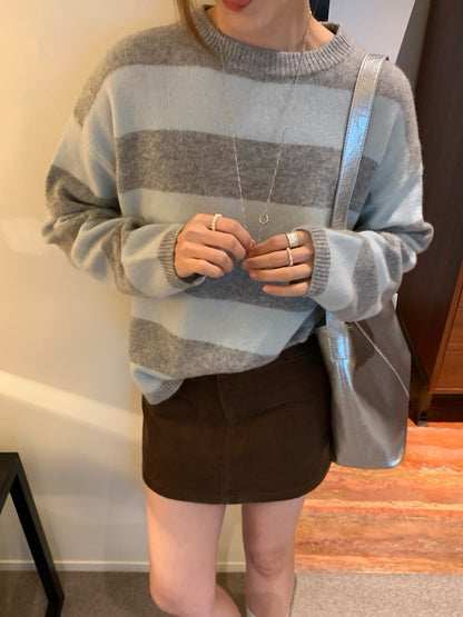 // 撞色粗間條100%羊毛圓領毛衣