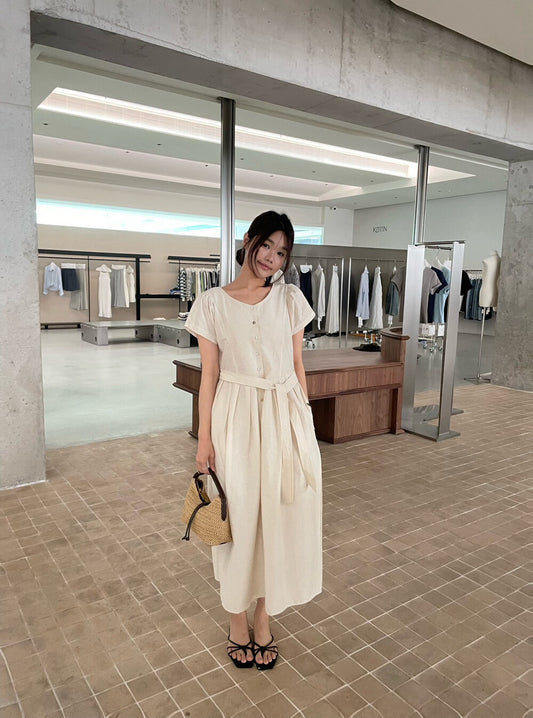 // 微公主袖半排扣連腰帶OPS