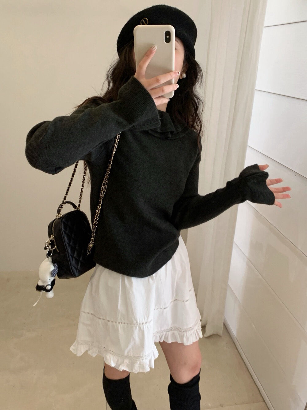 // 法式雙層花邊領+袖針織上衣