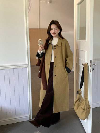 // 100%羊毛簡約翻領長款手工外套(連斜背包)