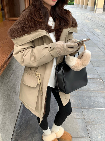 // 超帥大毛毛翻領可束腰口袋工裝外套