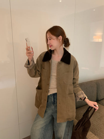 // 絨面領拼燈芯絨格紋拼布中長外套