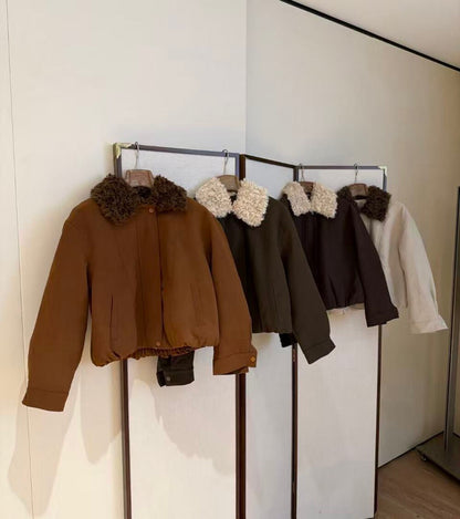 // 拼接卷毛領設計感短外套