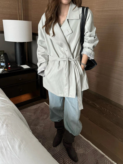 J30 / 質感雙排扣啞光彷皮trench coat外套