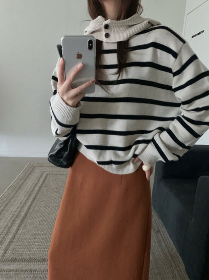 // 35%wool可分拆帽子間條毛衣