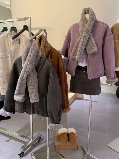 // 皮毛一體圓領拉鏈外套(連頸巾+袋仔)