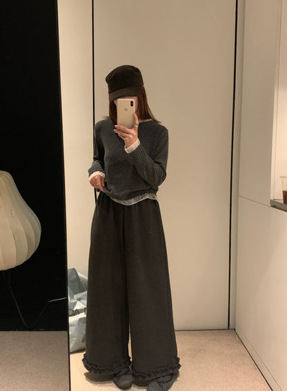 // 木耳邊花邊腳毛呢褲