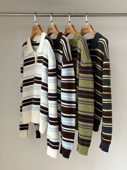 // 100%羊毛復古拼色間條翻領毛衣