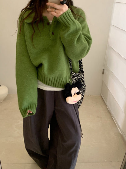 // 超韓領鈕扣粗坑紋翻領毛衣