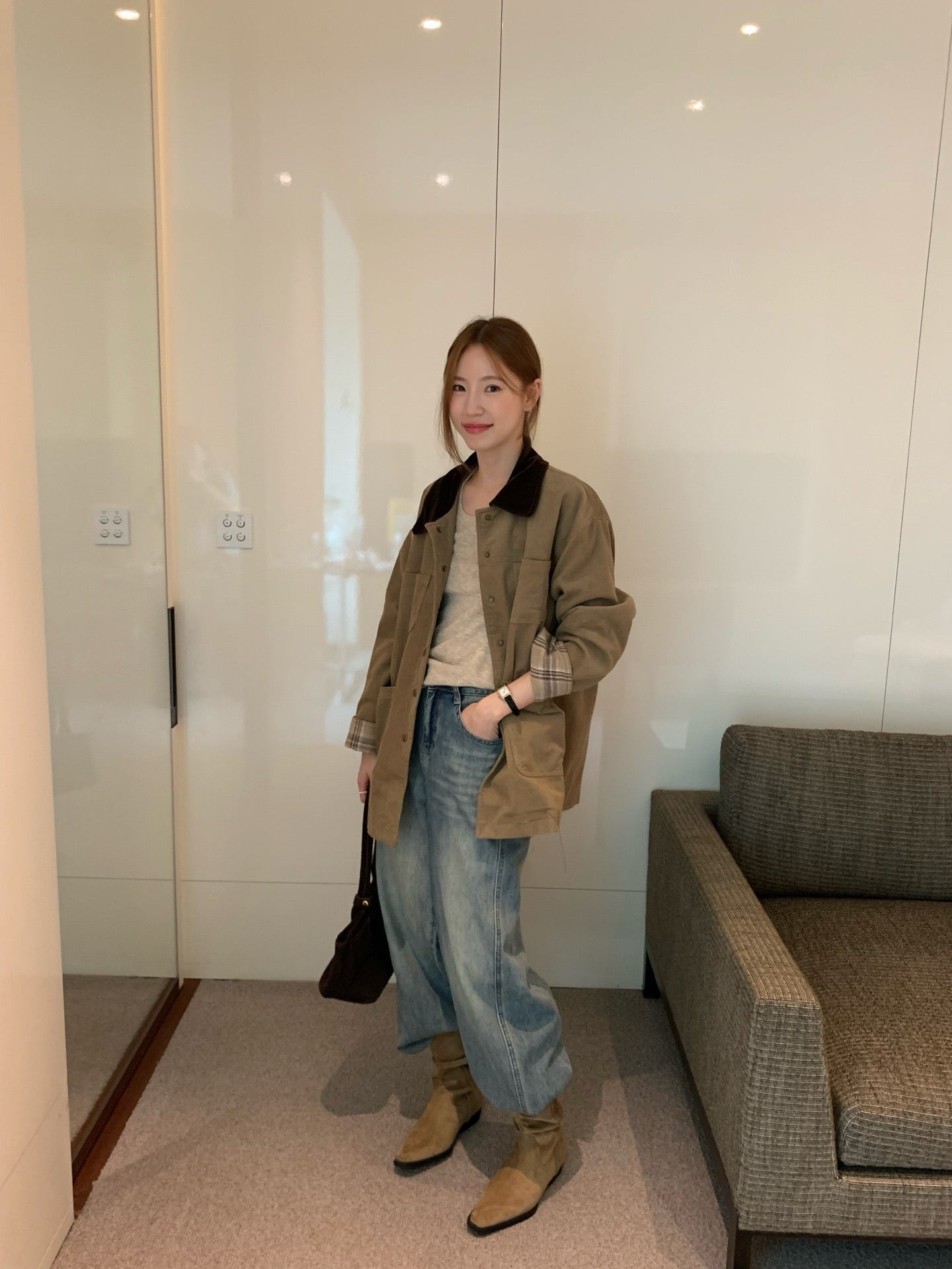 // 絨面領拼燈芯絨格紋拼布中長外套