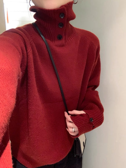 // 100%綿羊毛鈕扣可立領+設計感袖口毛衣