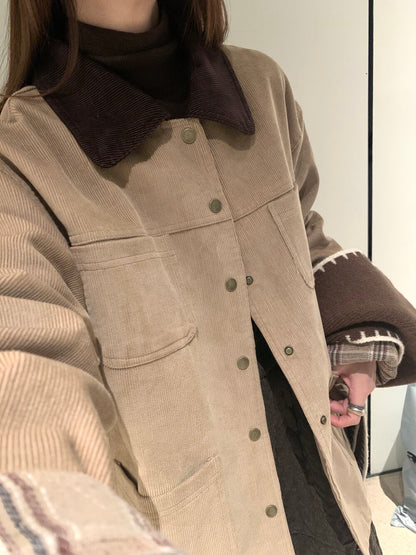 // 復古感拼色領內格紋燈芯絨外套