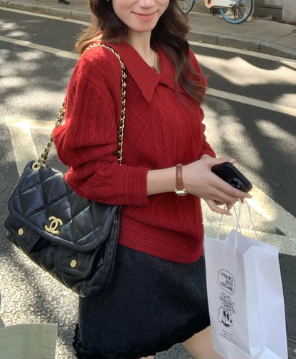 // 簡約麻花翻領毛衣