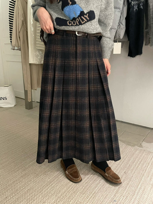 // 30%wool格紋壓褶毛呢中長裙(連腰帶)