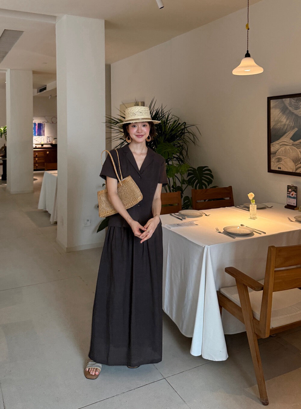 S21 / 天絲麻收腰短袖西裝外套+釘珠壓褶中裙套裝(可分開單買)