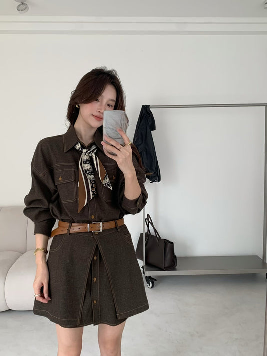 // 牛仔翻領長恤衫+高叉裙可分拆套裝(連絲巾+腰帶)