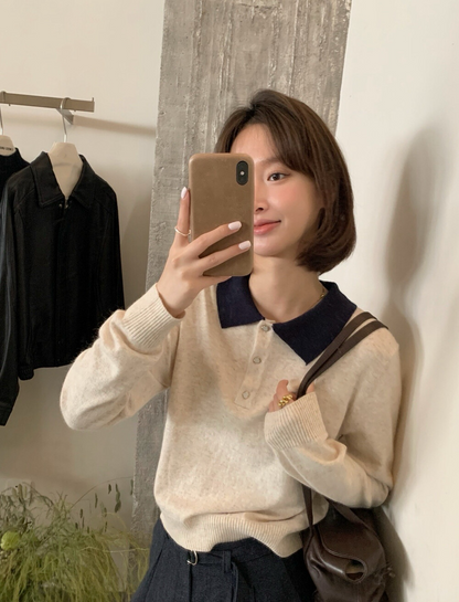 // 撞色翻領兔絨針織上衣