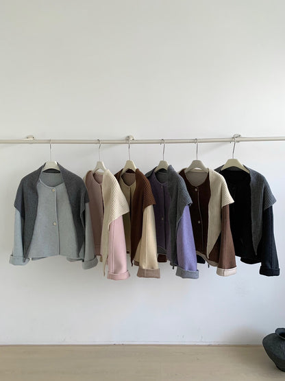 // 100%羊毛馬卡龍色系圓領短款手工外套(連三角巾)