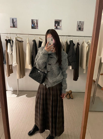 // 30%wool格紋壓褶毛呢中長裙(連腰帶)