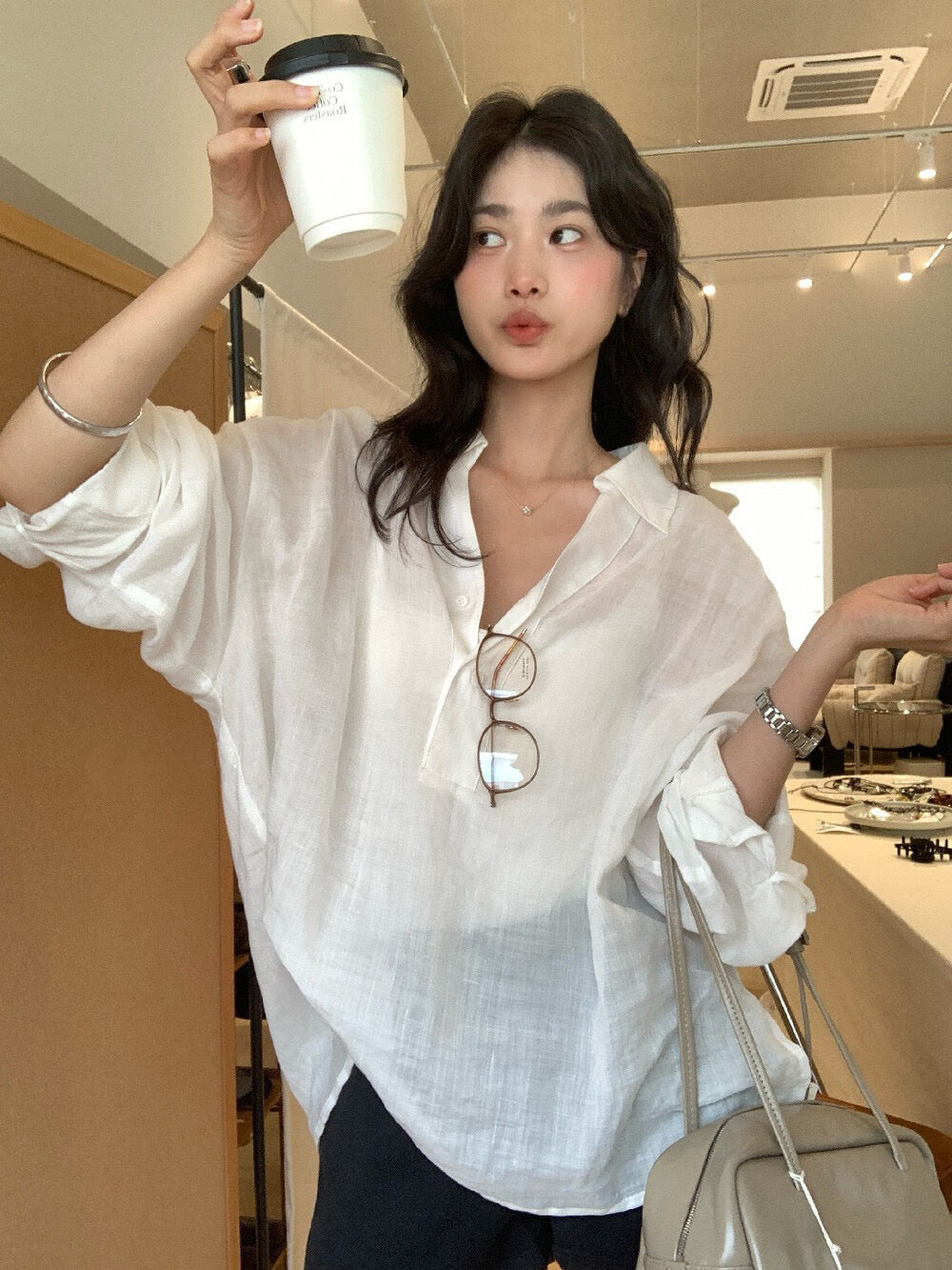 // 100%麻半鈕扣翻領透氣BL