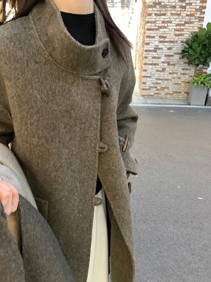 // 90%wool氣質立領長款手工羊毛外套(連袋仔)