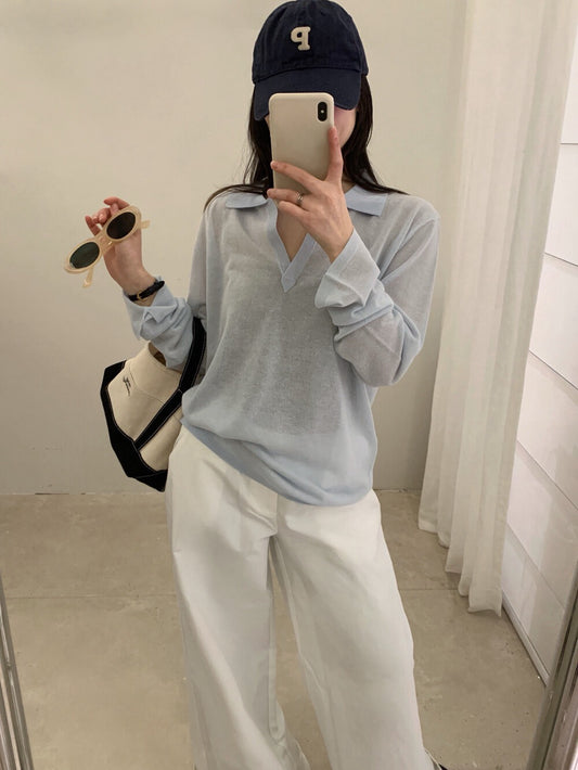 🫓 慵懶小V翻領薄款針織上衣