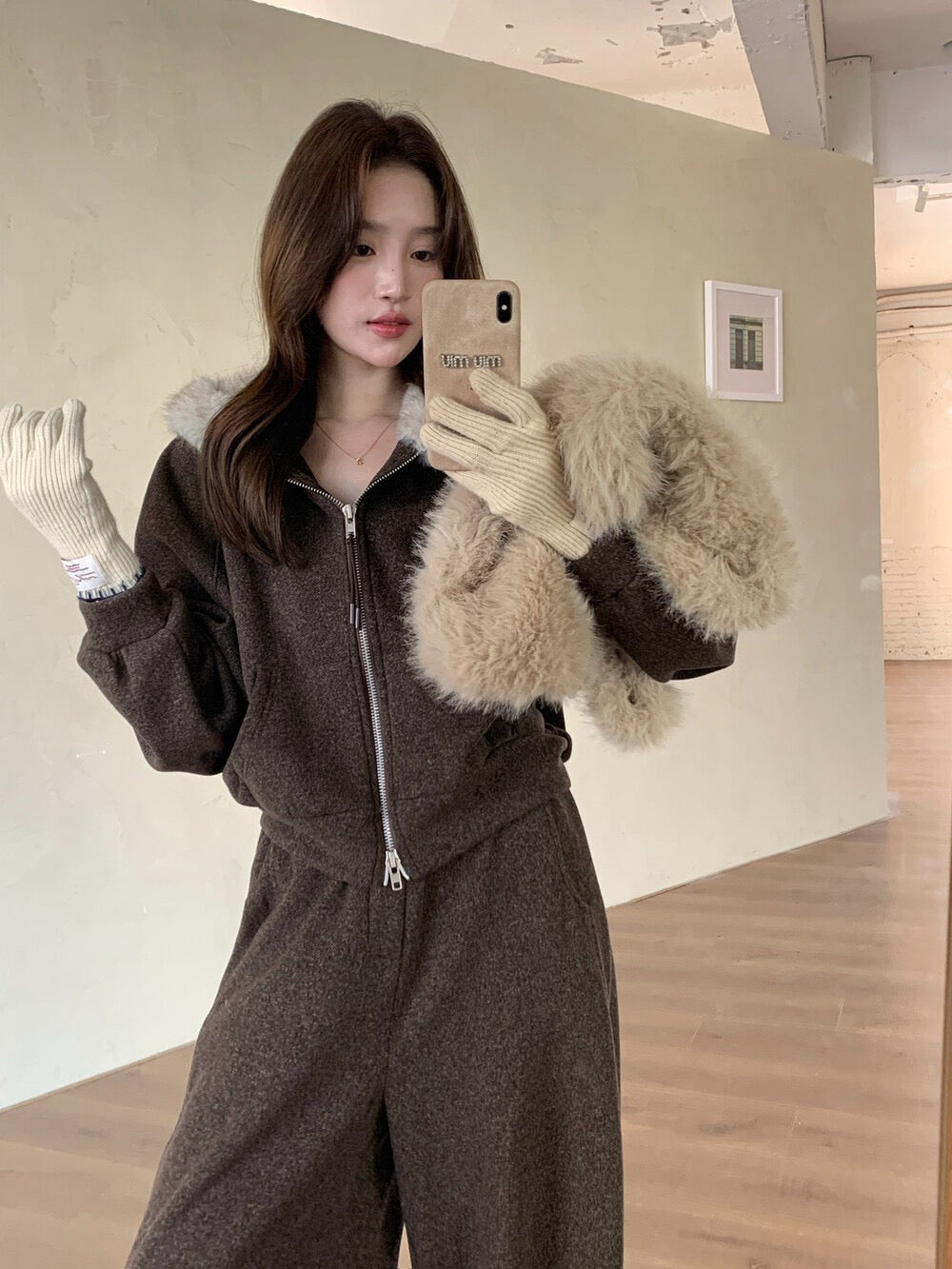 // 毛毛領衛衣外套+休閒褲套裝