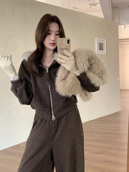 // 毛毛領衛衣外套+休閒褲套裝