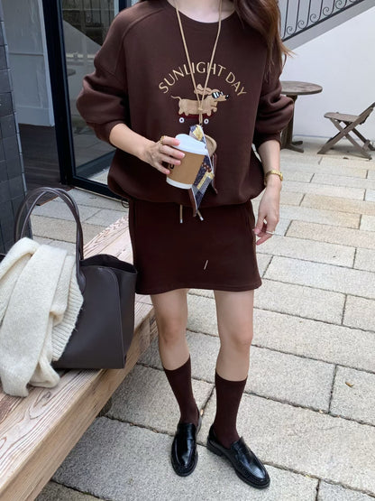 // 可愛小狗刺繡衛衣+短裙套裝(連掛飾)