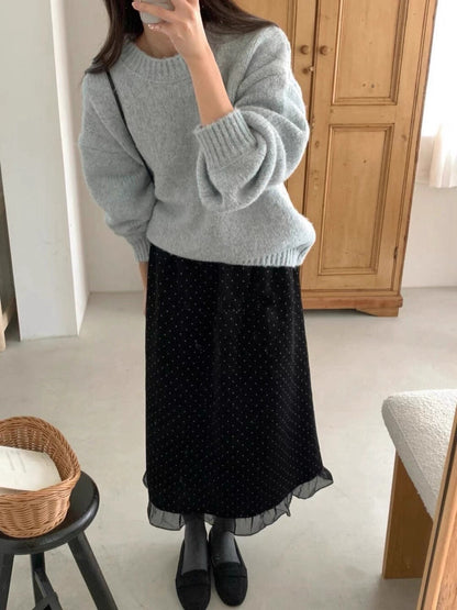 // 拼接花邊紗腳波點絲絨裙￼