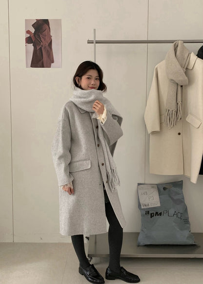 // 經典翻領口袋中長100%羊毛手工雙面外套(連頸巾)￼