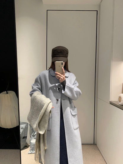 // 100%羊毛圓翻領三粒鈕扣長款手工外套