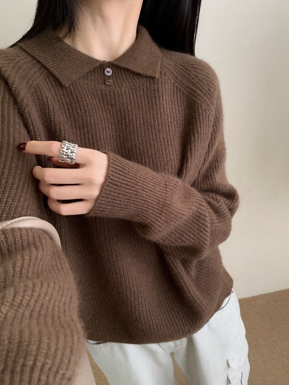 // 50%綿羊毛鈕扣翻領直紋NT