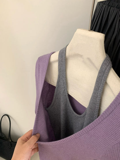 // 小性感大U領假兩件掛頸針織